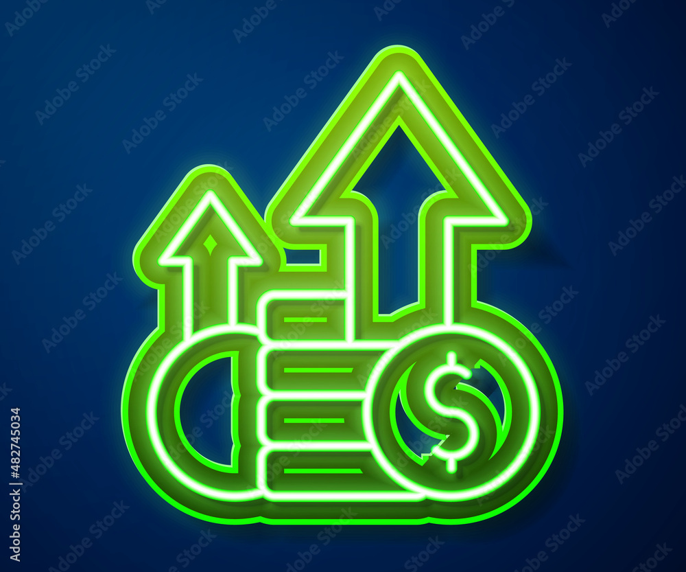 Glowing neon line Financial growth and coin icon isolated on blue background. Increasing revenue. Vector Glowing neon line Financial growth and coin icon isolated on blue background. Increasing revenue. Vector