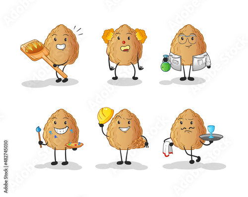 almond profession set character. cartoon mascot vector