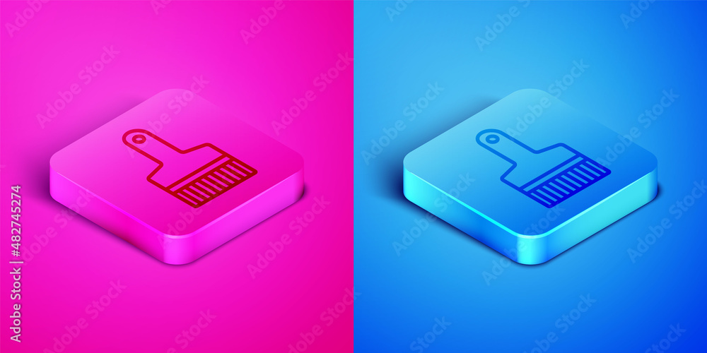 Isometric line Paint brush icon isolated on pink and blue background. Square button. Vector Isometric line Paint brush icon isolated on pink and blue background. Square button. Vector