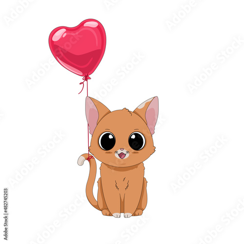 Kot i balon w kształcie serca. Ręcznie rysowany uroczy mały rudy kotek. Wektorowa ilustracja zadowolonego, siedzącego kota. Słodki, romantyczny zwierzak. Kartka walentynkowa.
