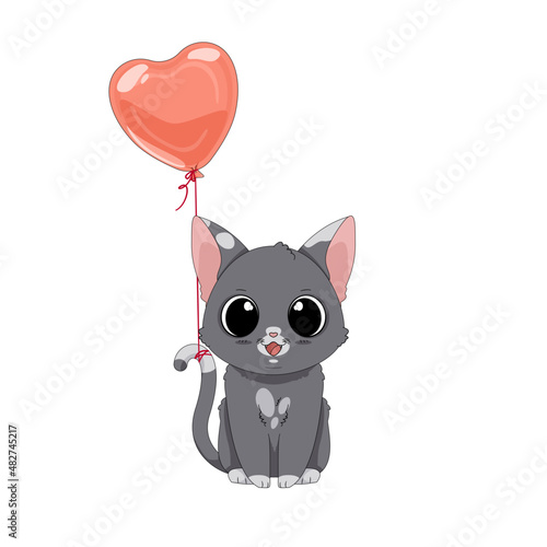 Kot i balon w kształcie serca. Ręcznie rysowany uroczy mały szary kotek w łaty. Wektorowa ilustracja zadowolonego, siedzącego kota. Słodki, romantyczny zwierzak. Kartka walentynkowa.