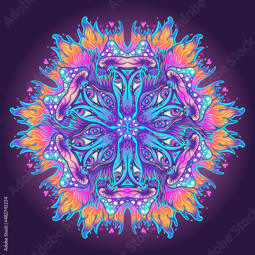 Magic mushrooms mandala. Psychedelic hallucination. Vibrant trippy vector illustration. 60s hippie colorful art. Hand drawn design in ethnic Indian style. Mystic abstract hippie and boho texture.
