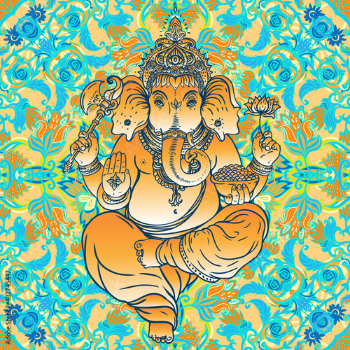 Hindu Lord Ganesha over ornate colorful mandala. Vector illustration.