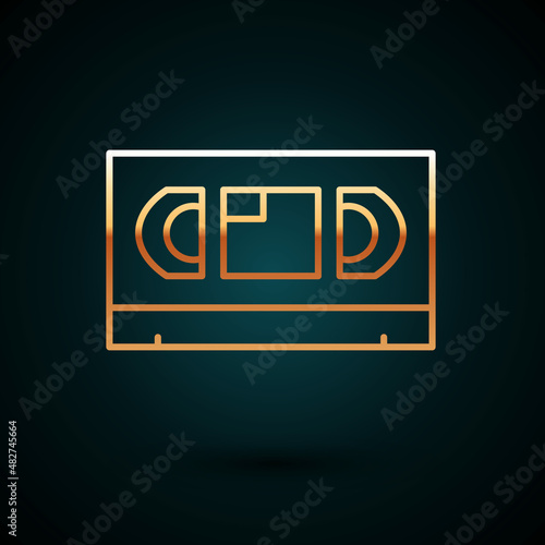 Gold line VHS video cassette tape icon isolated on dark blue background. Vector