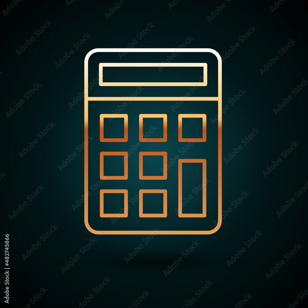 Gold line Calculator icon isolated on dark blue background. Accounting symbol. Business calculations mathematics education and finance. Vector