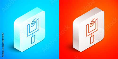 Isometric line American football goal post and football ball icon isolated on blue and red background. Silver square button. Vector