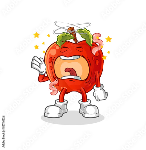 apple with worm yawn character. cartoon mascot vector