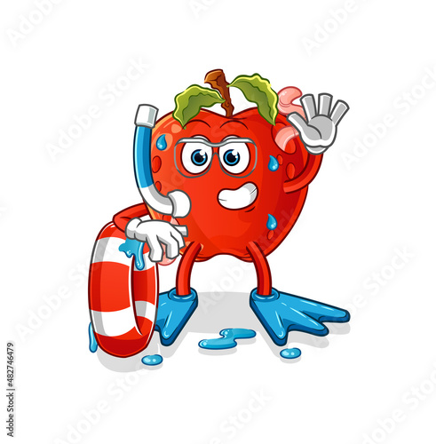 apple with worm swimmer with buoy mascot. cartoon vector