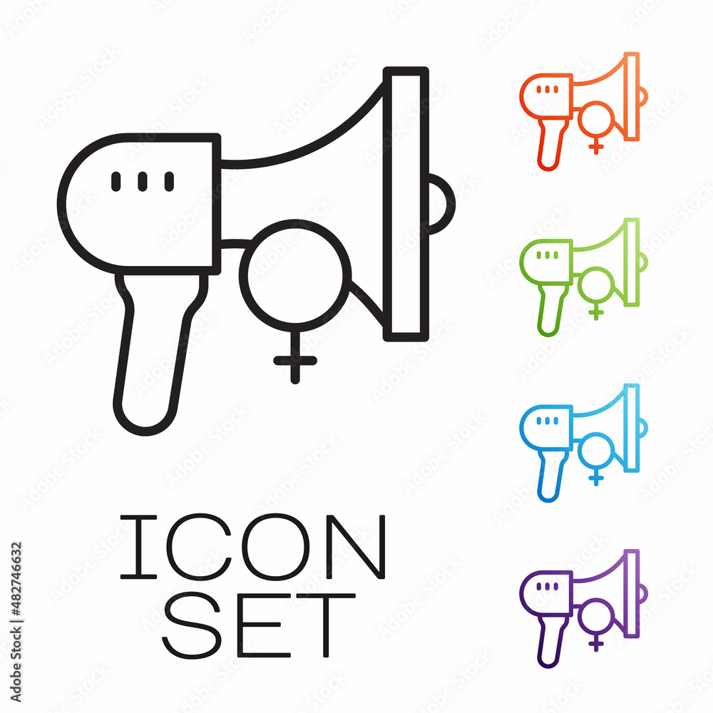 Black line Female movement, feminist activist with banner and placards icon isolated on white background. Feminist rights movement, feminism sisterhood. Set icons colorful. Vector