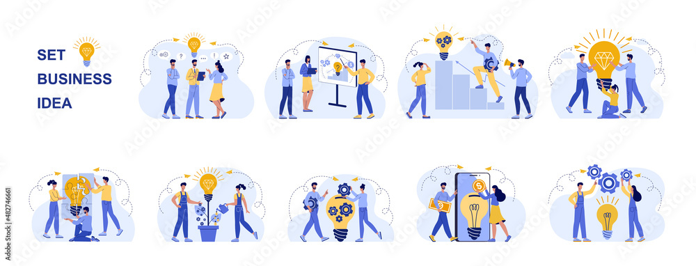 Creative thinking set of concepts vector flat illustrations. Team brainstorming, idea management, project management, new idea generation, startup collaboration, find solution, product development Creative thinking set of concepts vector flat illustrations. Team brainstorming, idea management, project management, new idea generation, startup collaboration, find solution, product development