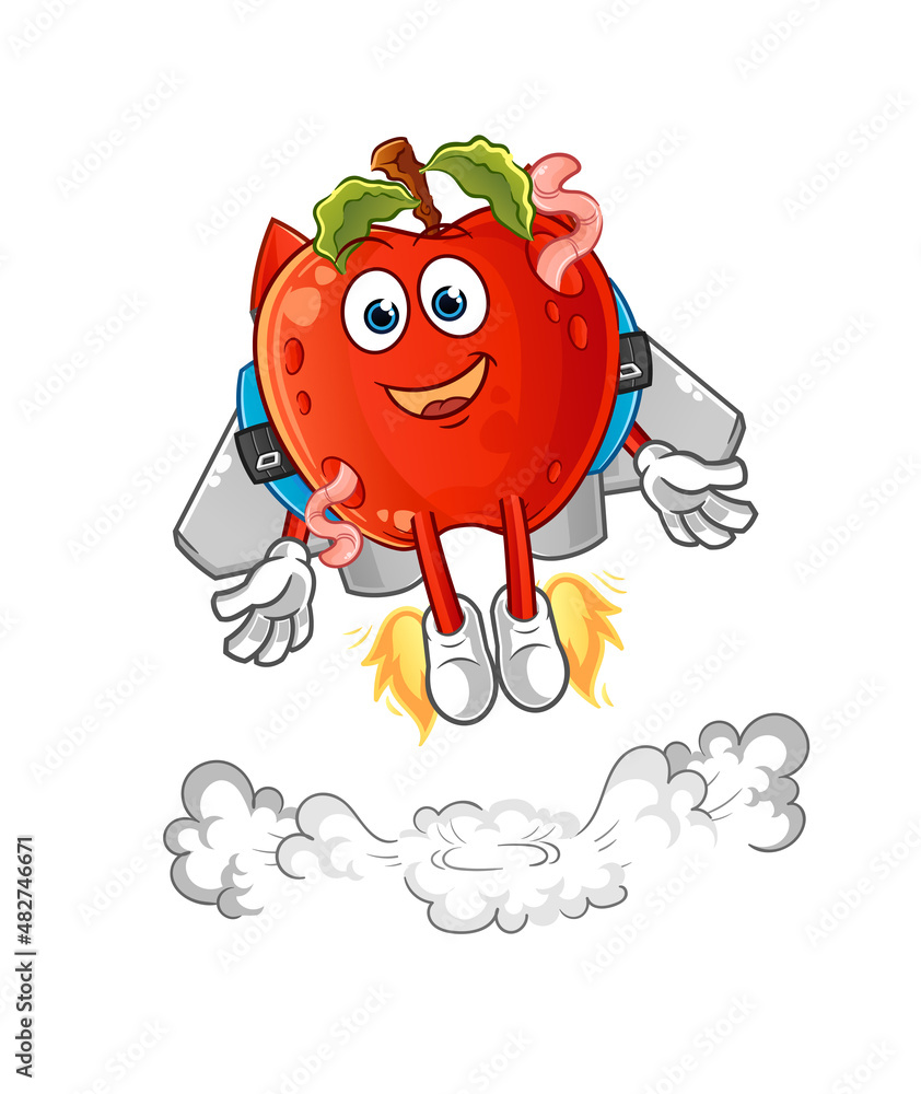 Fototapeta premium apple with worm with jetpack mascot. cartoon vector