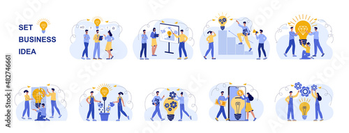 Creative thinking set of concepts vector flat illustrations. Team brainstorming, idea management, project management, new idea generation, startup collaboration, find solution, product development