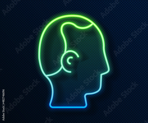 Glowing neon line Baldness icon isolated on blue background. Alopecia. Vector