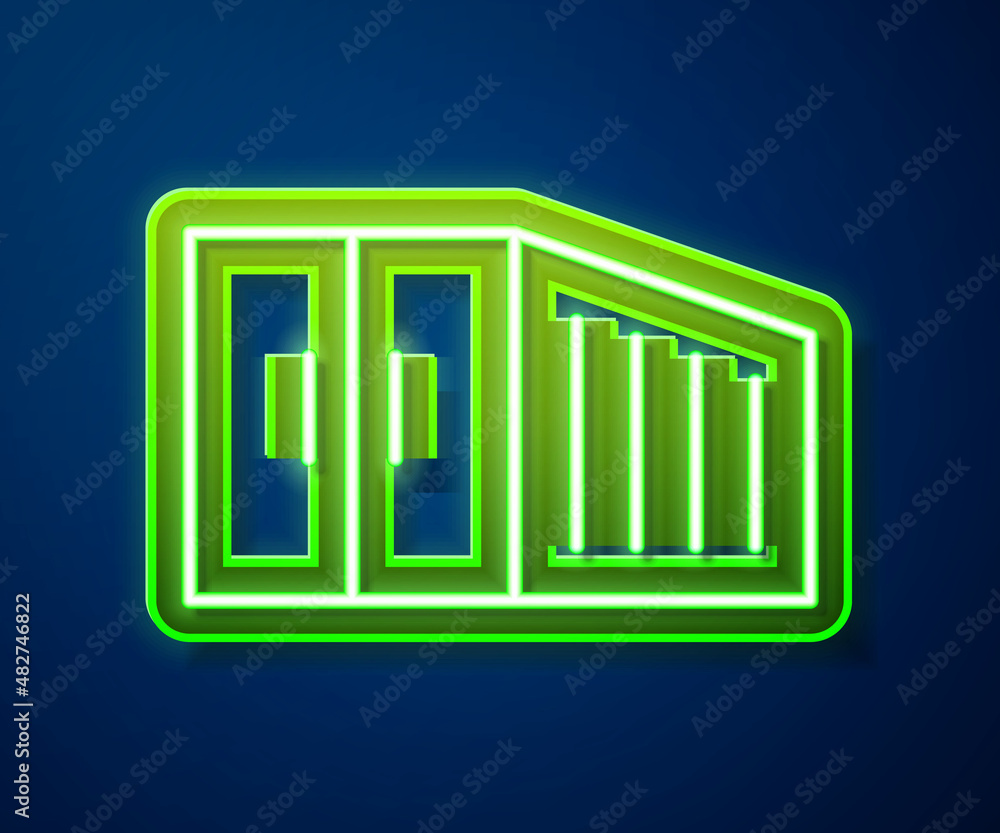 Fototapeta premium Glowing neon line Container icon isolated on blue background. Crane lifts a container with cargo. Vector