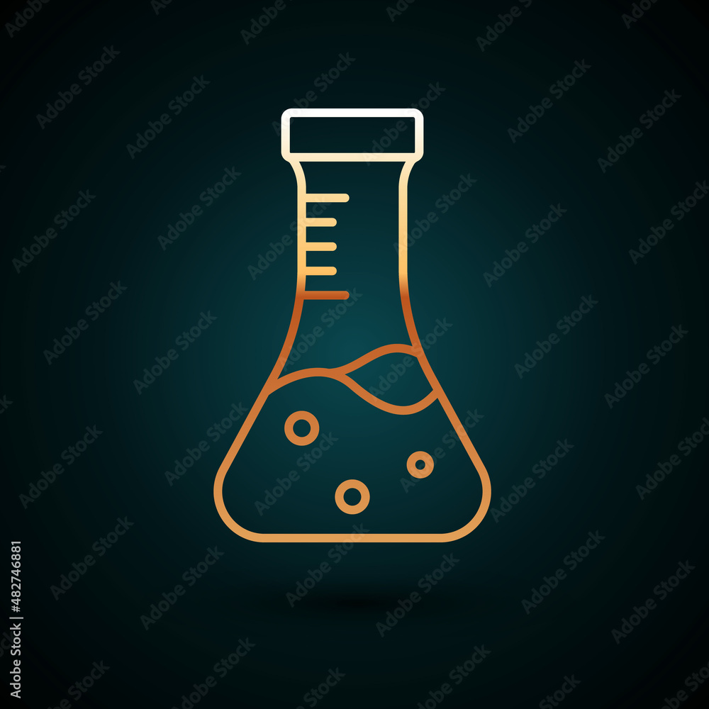 Gold line Test tube and flask chemical laboratory test icon isolated on dark blue background. Laboratory glassware sign. Vector Gold line Test tube and flask chemical laboratory test icon isolated on dark blue background. Laboratory glassware sign. Vector