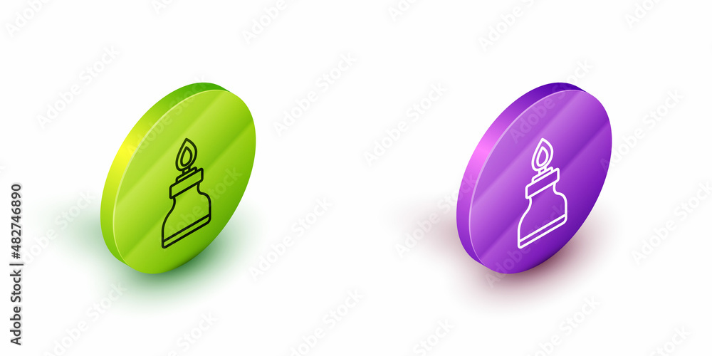 Isometric line Alcohol or spirit burner icon isolated on white background. Chemical equipment. Green and purple circle buttons. Vector Isometric line Alcohol or spirit burner icon isolated on white background. Chemical equipment. Green and purple circle buttons. Vector