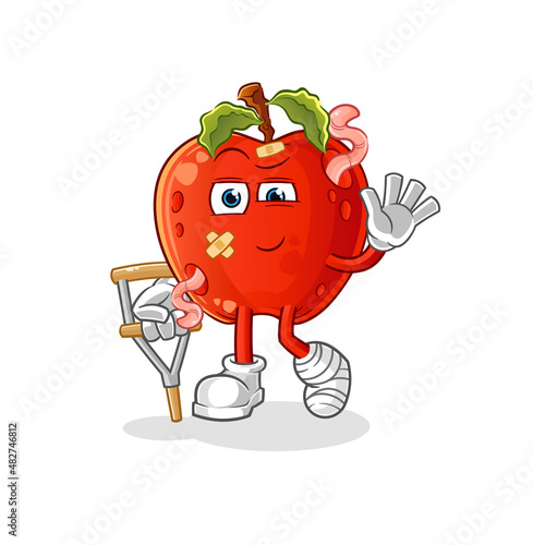 apple with worm sick with limping stick. cartoon mascot vector