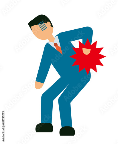 健康　腰痛　腰が痛いビジネスマン　サラリーマンの男性のピクトグラム　アバター風イラスト