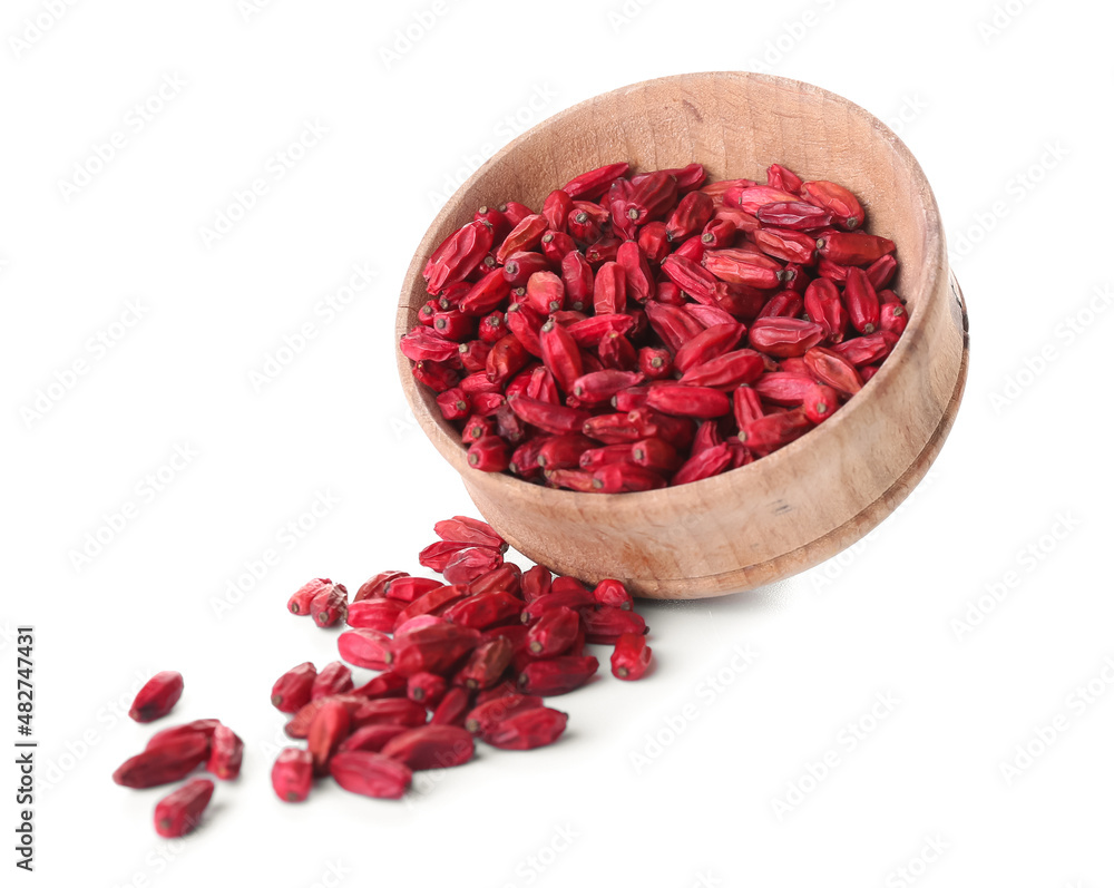 Bowl with dried barberries on white background Bowl with dried barberries on white background