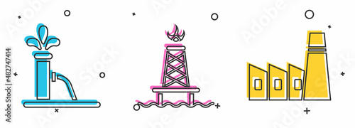 Set Oil pump or pump jack, Oil rig with fire and Oil industrial factory building icon. Vector