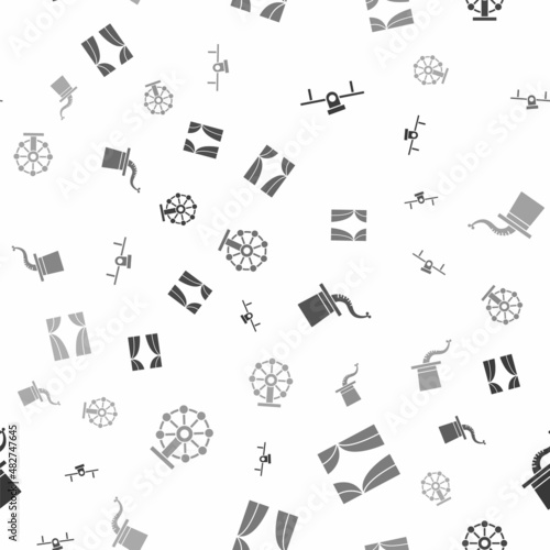 Set Seesaw, Circus curtain raises, Magician hat and Ferris wheel on seamless pattern. Vector