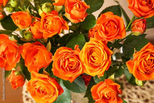 Bouquet of beautiful orange roses on beige background  closeup