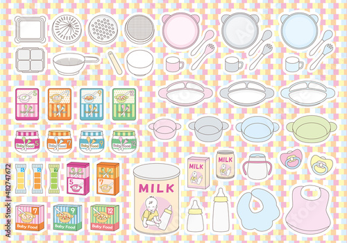 赤ちゃんとの暮らし　赤ちゃん用品、カラフル、可愛い、ベビーフード、食器、ミルク、白い縁付き