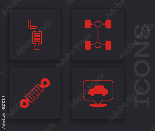 Set Car service, muffler, Chassis car and Shock absorber icon. Vector