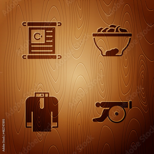 Set Ramadan cannon, Holy book of Koran, Shirt kurta and Date fruit in bowl on wooden background. Vector