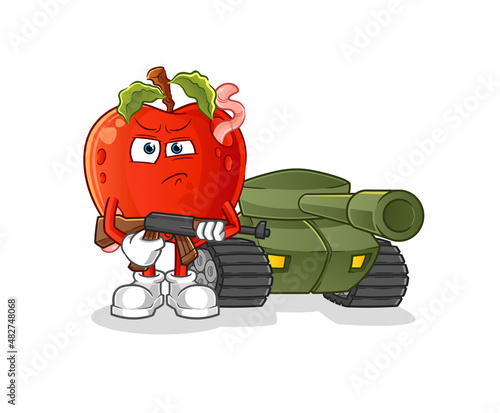 apple with worm soldier with tank character. cartoon mascot vector