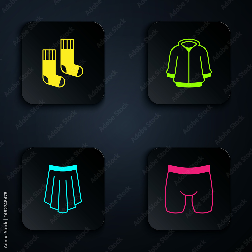 Set Cycling shorts, Socks, Skirt and Hoodie. Black square button. Vector Set Cycling shorts, Socks, Skirt and Hoodie. Black square button. Vector