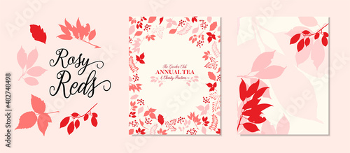 Floral nature background, flower leaves and tree branches, wedding invitation design, rosy red and pink border on stationery paper or sign vector, eps 10