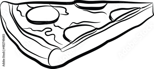 Slice of pizza in black ink outline vector illustration