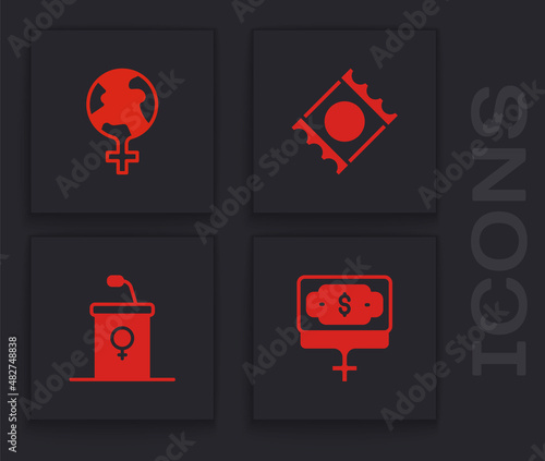 Set Money growth woman, Feminism in the world, Condom package and Debate podium rostrum icon. Vector