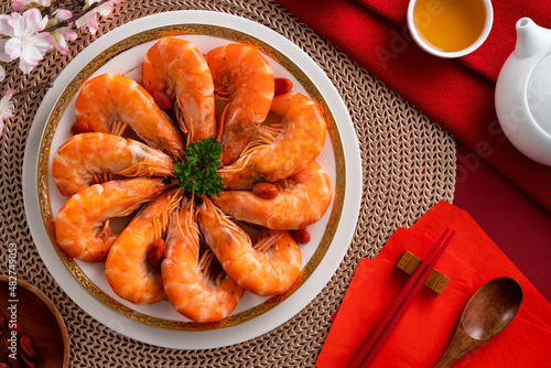 Delicious shrimp soaked in Chinese wine for lunar new year's dishes. photo