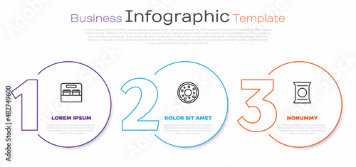 Set line Coffee cup to go, Donut and Bag or packet potato chips. Business infographic template. Vector