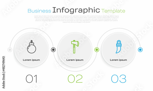 Set line Bomb ready to explode, Tomahawk axe and Tooth. Business infographic template. Vector