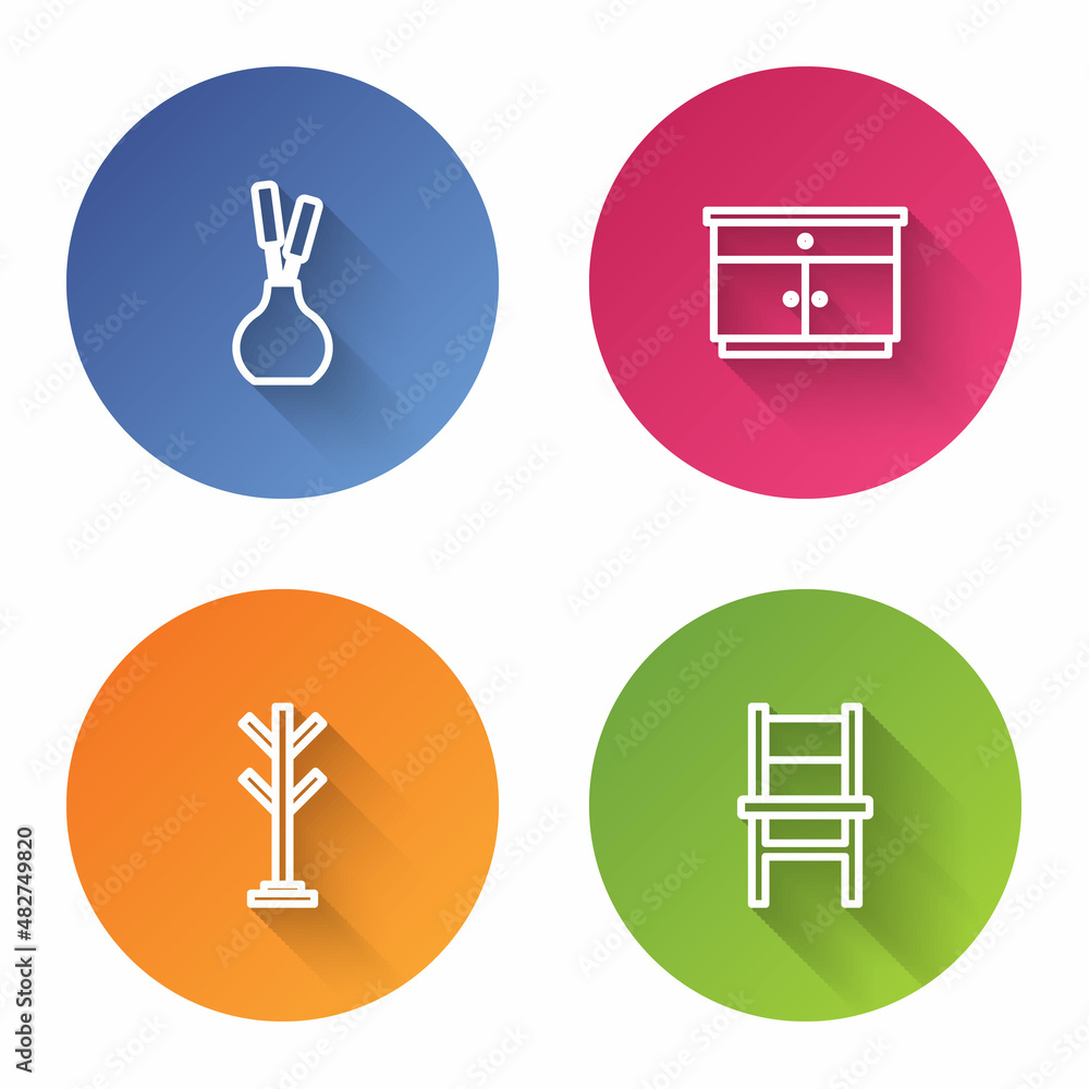 Set line Vase, Furniture nightstand, Coat and Chair. Color circle button. Vector Set line Vase, Furniture nightstand, Coat and Chair. Color circle button. Vector