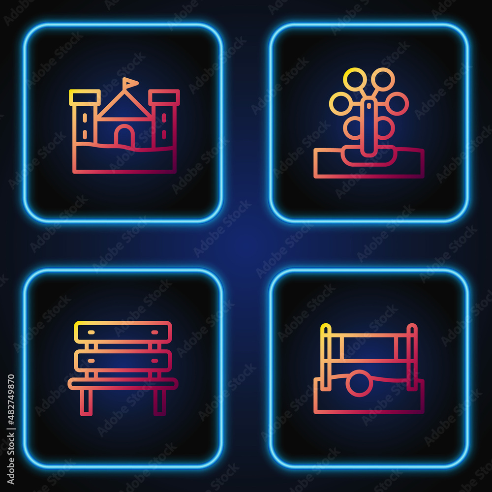 Set line Volleyball net with ball, Bench, Sand castle and Ferris wheel. Gradient color icons. Vector Set line Volleyball net with ball, Bench, Sand castle and Ferris wheel. Gradient color icons. Vector