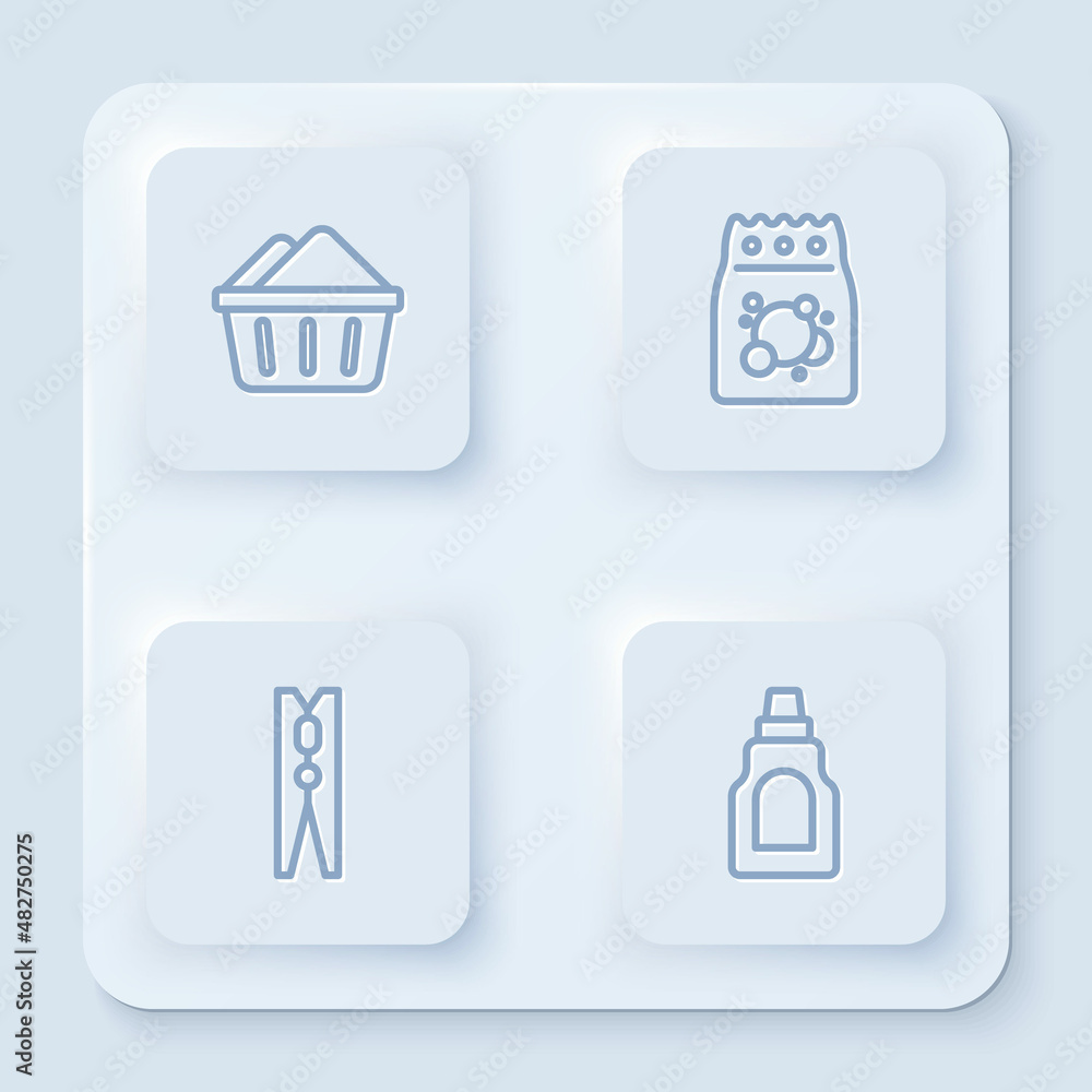 Set line Basin with soap suds, Laundry detergent, Clothes pin and Bottle for cleaning agent. White square button. Vector Set line Basin with soap suds, Laundry detergent, Clothes pin and Bottle for cleaning agent. White square button. Vector
