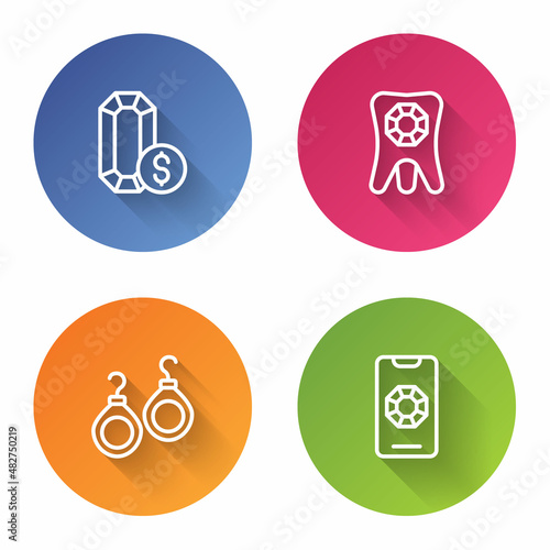 Set line Jewelry online shopping, Tooth with diamond, Earrings and . Color circle button. Vector
