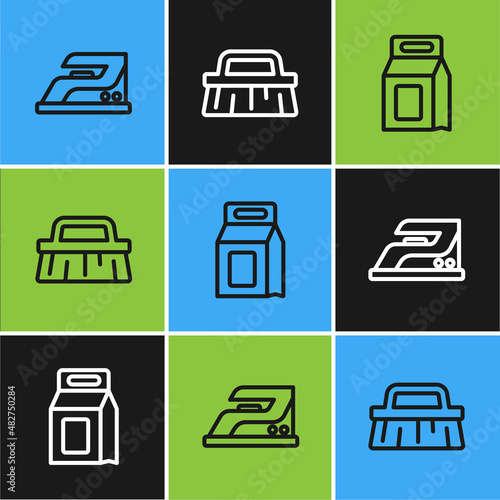 Set line Electric iron, Laundry detergent and Brush for cleaning icon. Vector