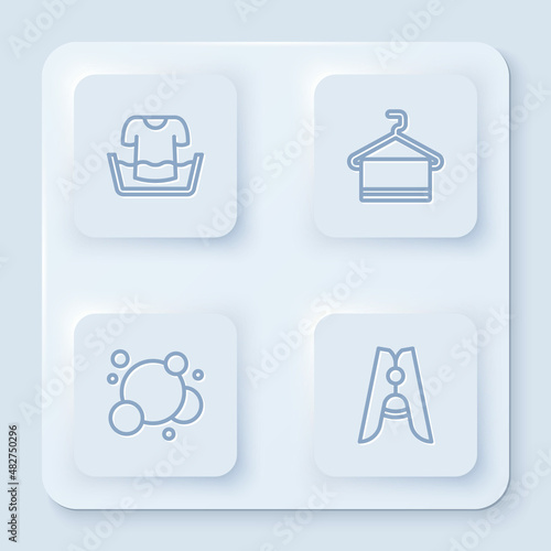 Set line Basin with shirt  Towel on hanger  Soap water bubbles and Clothes pin. White square button. Vector