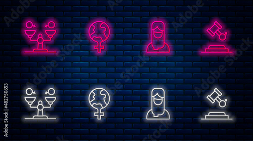 Set line Feminism in the world, Muslim woman hijab, Gender equality and Female rights. Glowing neon icon on brick wall. Vector
