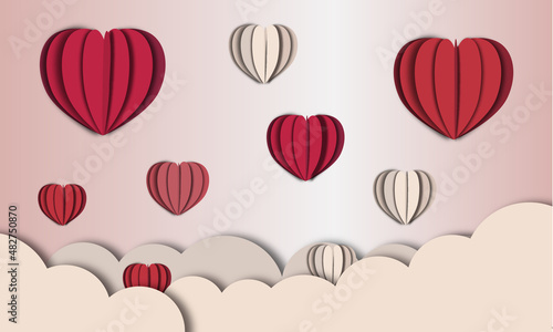  Heart shaped paper work coming out of the clouds. Suitable for cards and flyers for Valentine's Day, Mother's Day, birthdays, anniversaries, etc.