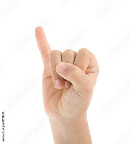 Child showing pinkie finger on white background