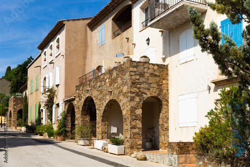 Picturesque landscape of Grimaud village overlooking typical narrow streets on warm sunny autumn day  France.