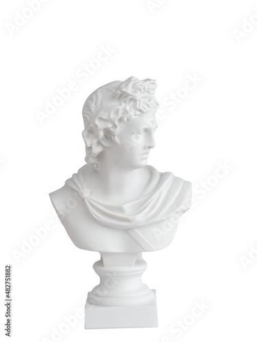 Plaster statue on a stand isolated on a white background.