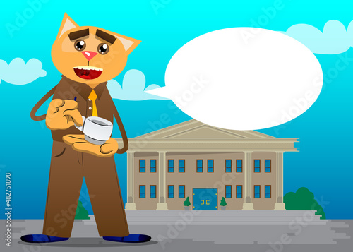 Funny cartoon cat holding a cup of coffee. Vector illustration. Cute orange, yellow haired young kitten.