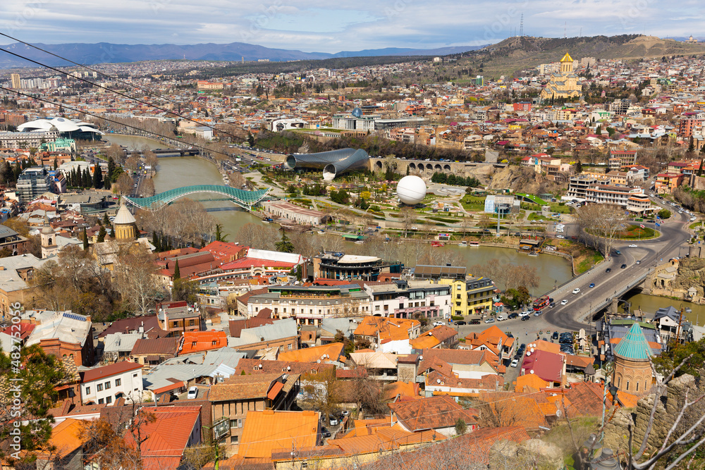 Tbilisi, Georgia. Panoramic beautiful picture of cityscape Of spring old town